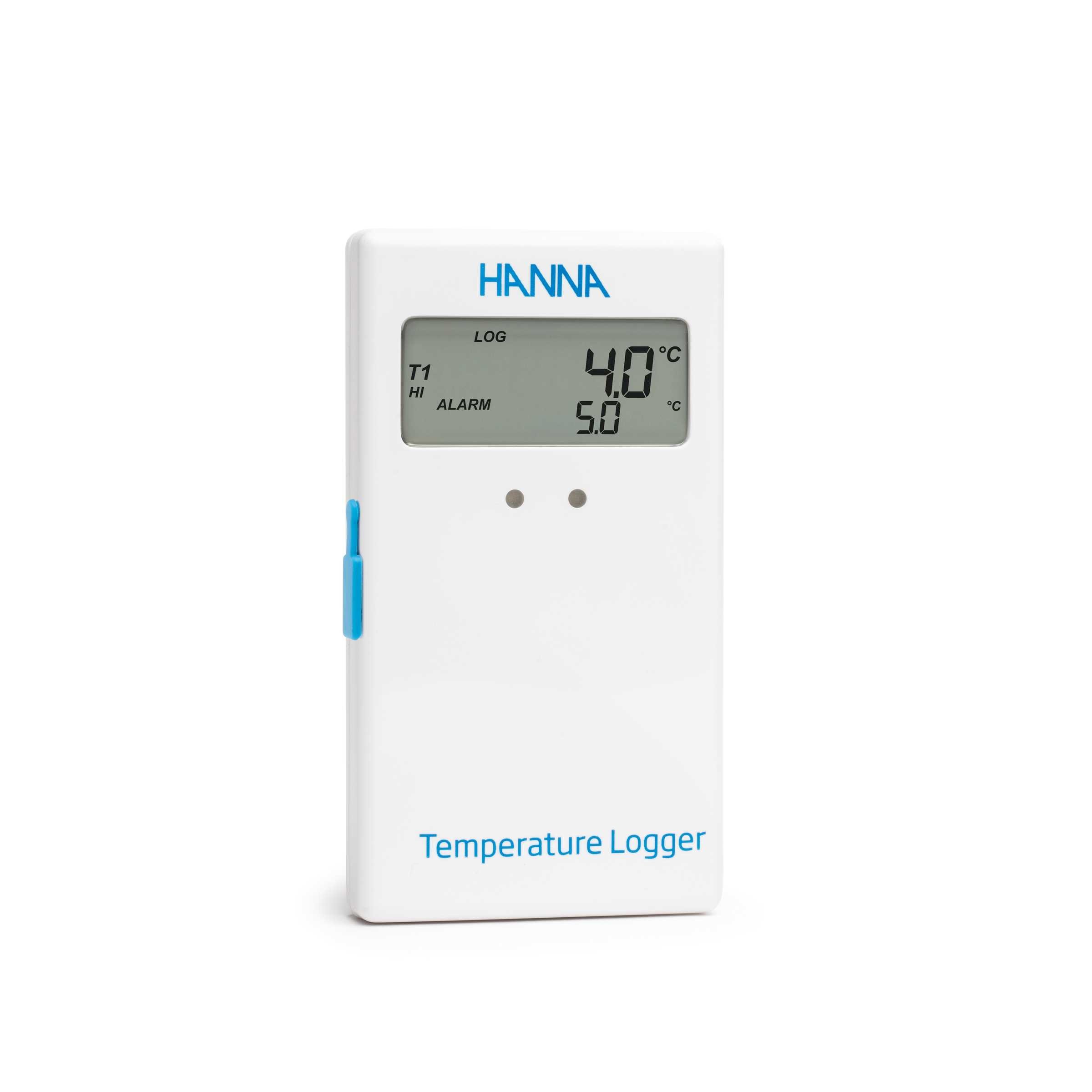 Registrador de temperatura Hanna HI148 con pantalla digital, mostrando una lectura de 4.0°C y un umbral de alarma de 5.0°C